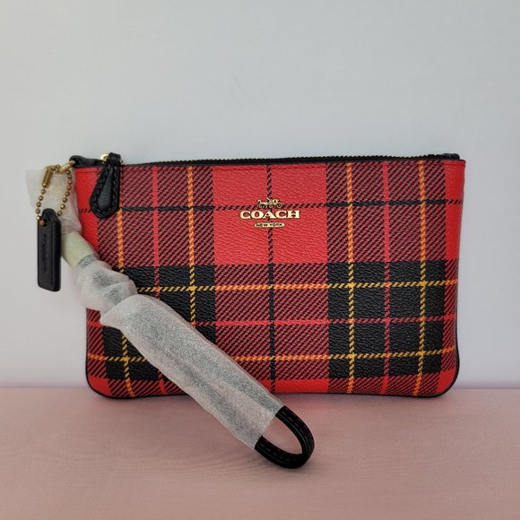 COACH Small Printed Plaid Coated Canvas Wristlet- Red Multi $75. ⭐ - Picture 6 of 16